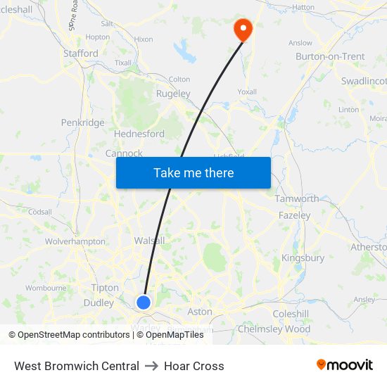 West Bromwich Central to Hoar Cross map