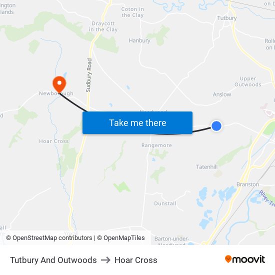 Tutbury And Outwoods to Hoar Cross map