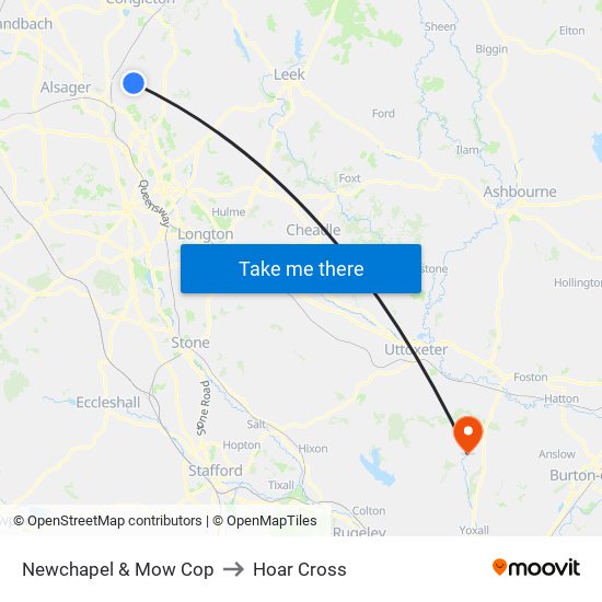 Newchapel & Mow Cop to Hoar Cross map