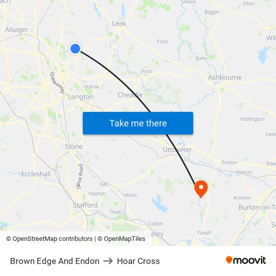 Brown Edge And Endon to Hoar Cross map