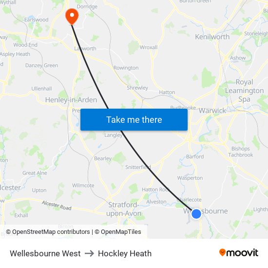 Wellesbourne West to Hockley Heath map