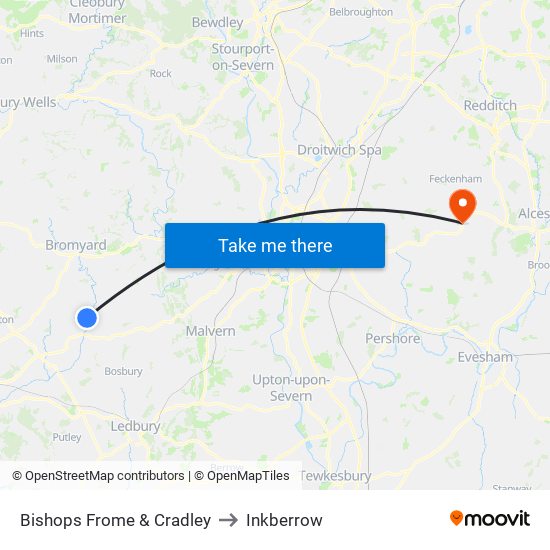 Bishops Frome & Cradley to Inkberrow map