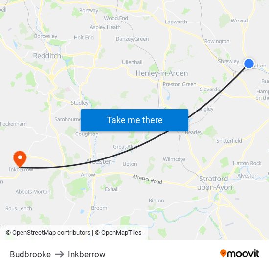 Budbrooke to Inkberrow map