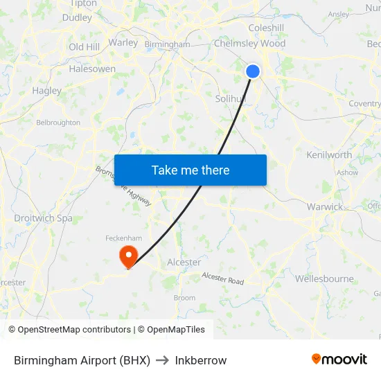 Birmingham Airport (BHX) to Inkberrow map