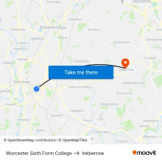 Worcester Sixth Form College to Inkberrow map