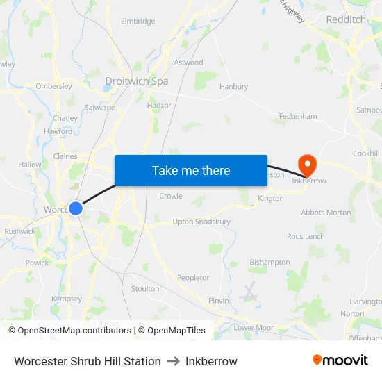 Worcester Shrub Hill Station to Inkberrow map