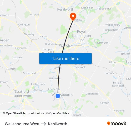 Wellesbourne West to Kenilworth map