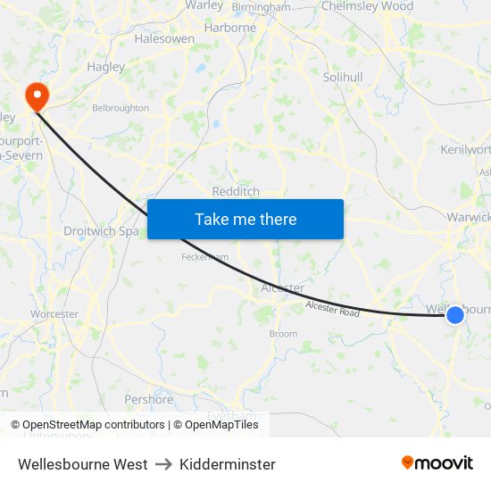 Wellesbourne West to Kidderminster map