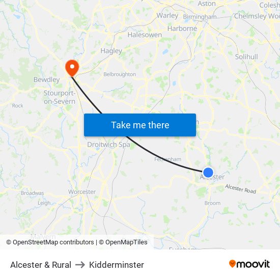 Alcester & Rural to Kidderminster map