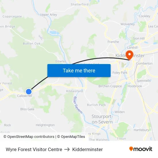 Wyre Forest Visitor Centre to Kidderminster map