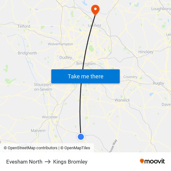 Evesham North to Kings Bromley map