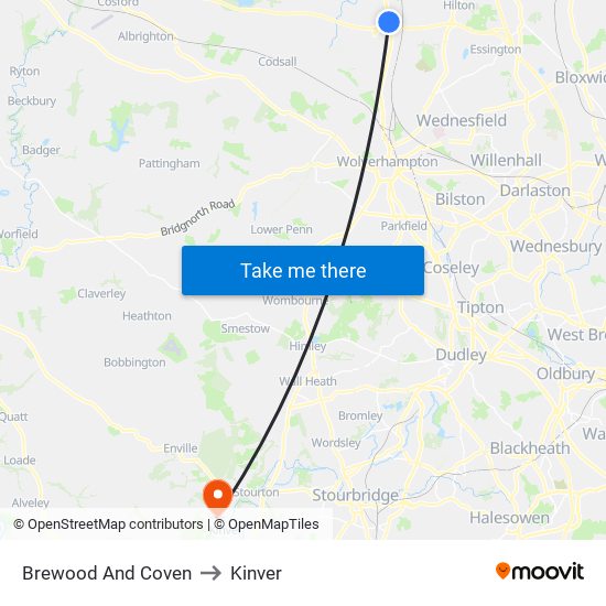 Brewood And Coven to Kinver map