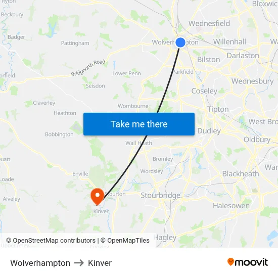Wolverhampton to Kinver map