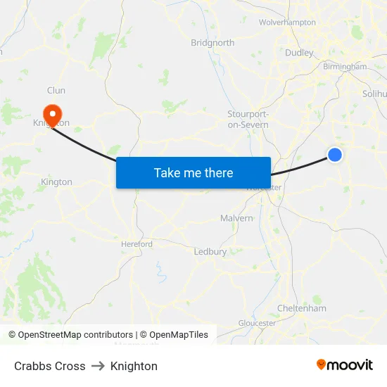 Crabbs Cross to Knighton map