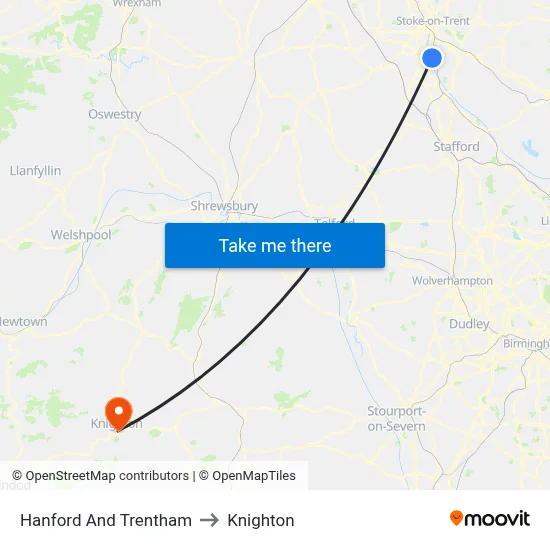 Hanford And Trentham to Knighton map
