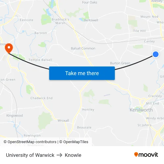 University of Warwick to Knowle map