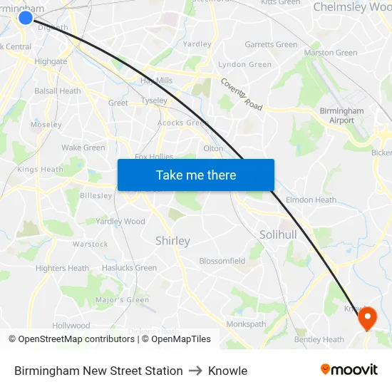 Birmingham New Street Station to Knowle map