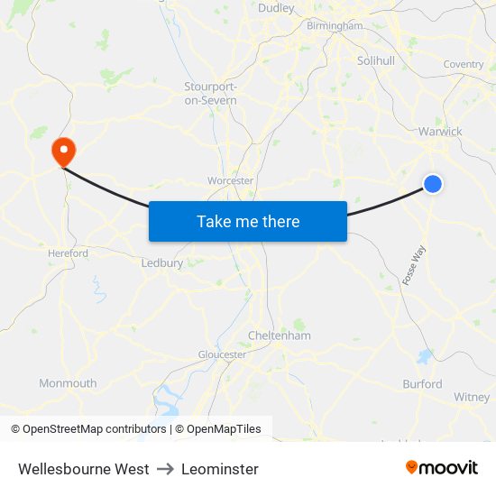Wellesbourne West to Leominster map