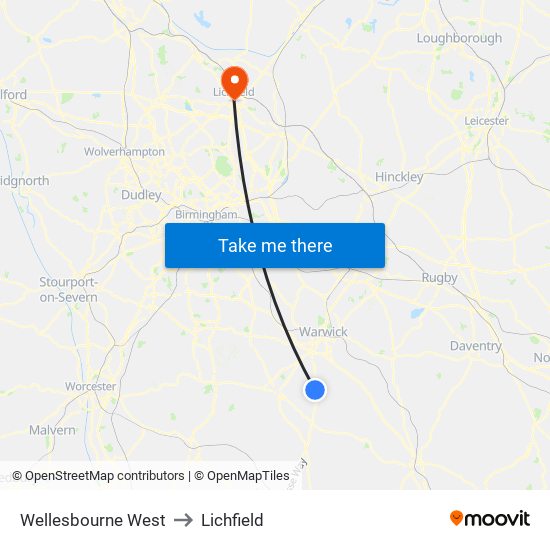 Wellesbourne West to Lichfield map