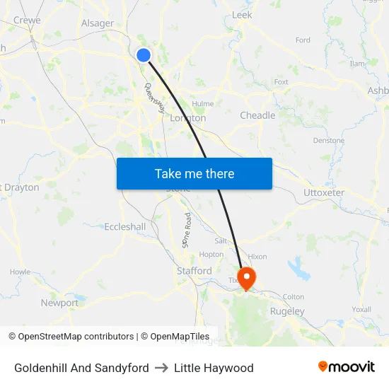 Goldenhill And Sandyford to Little Haywood map