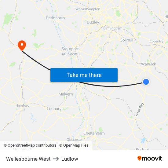 Wellesbourne West to Ludlow map
