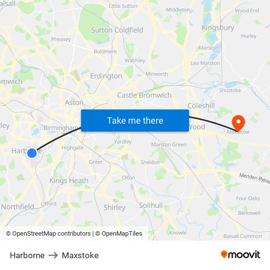 Harborne to Maxstoke map