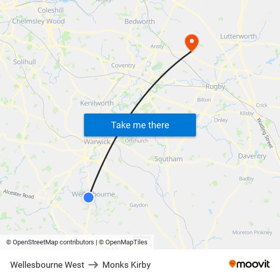 Wellesbourne West to Monks Kirby map