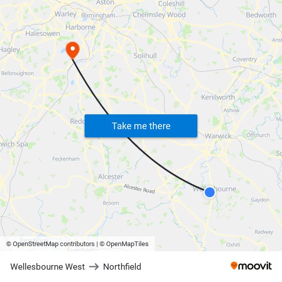Wellesbourne West to Northfield map