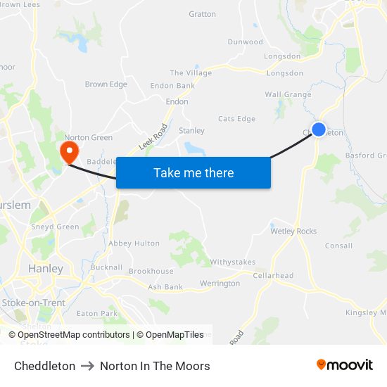 Cheddleton to Norton In The Moors map