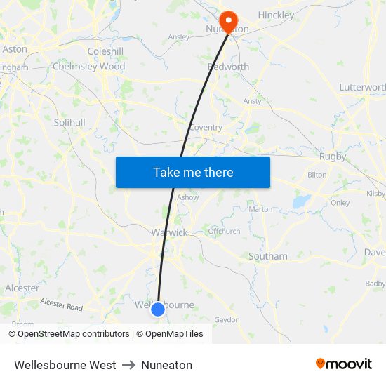 Wellesbourne West to Nuneaton map