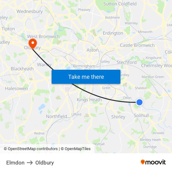 Elmdon to Oldbury map