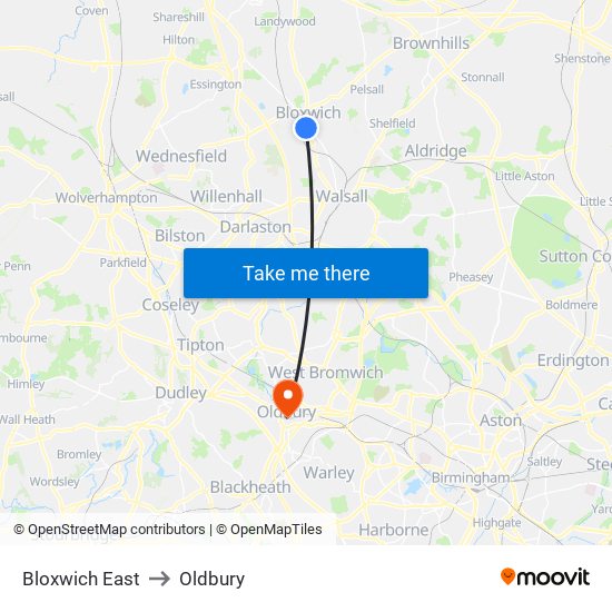 Bloxwich East to Oldbury map