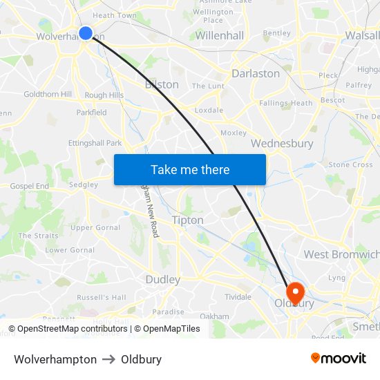 Wolverhampton to Oldbury map