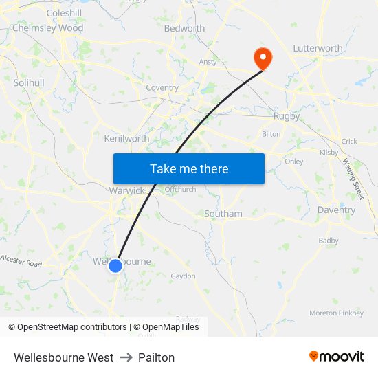 Wellesbourne West to Pailton map