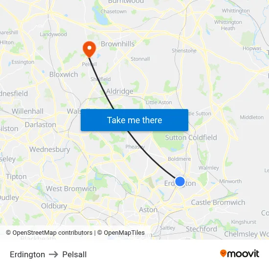 Erdington to Pelsall map