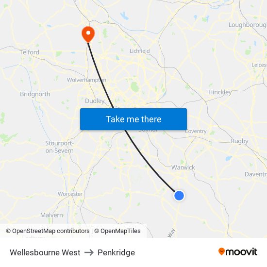 Wellesbourne West to Penkridge map