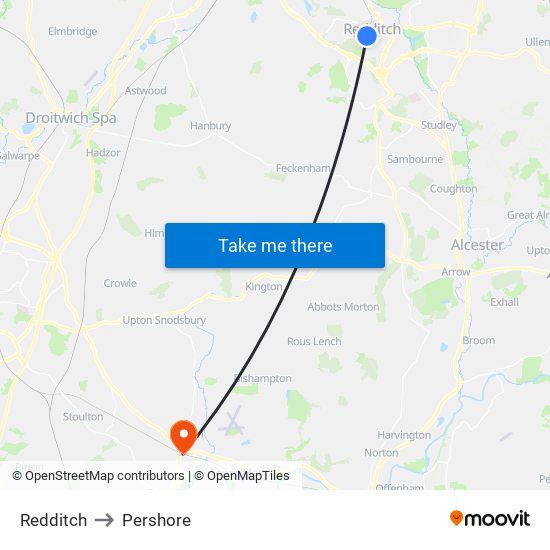 Redditch to Pershore map