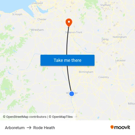 Arboretum to Rode Heath map