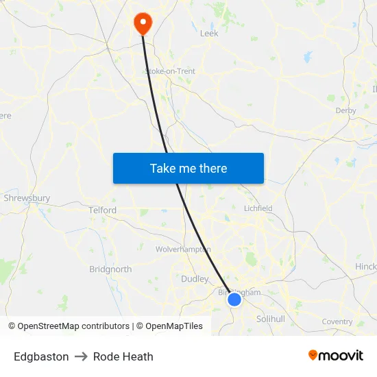 Edgbaston to Rode Heath map