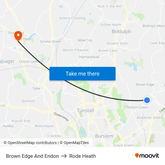 Brown Edge And Endon to Rode Heath map