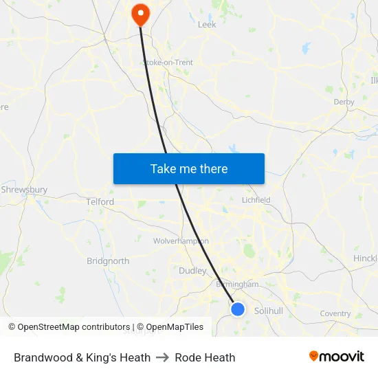 Brandwood & King's Heath to Rode Heath map