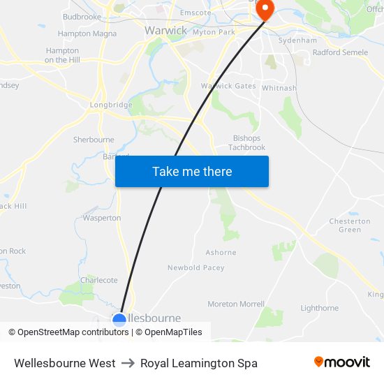Wellesbourne West to Royal Leamington Spa map