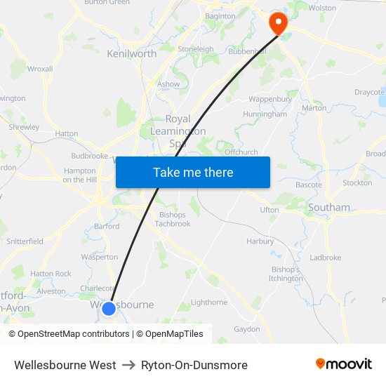 Wellesbourne West to Ryton-On-Dunsmore map