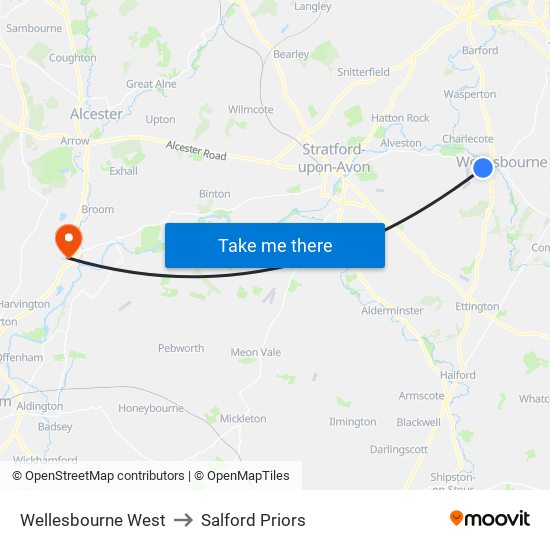 Wellesbourne West to Salford Priors map