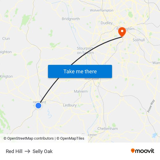 Red Hill to Selly Oak map