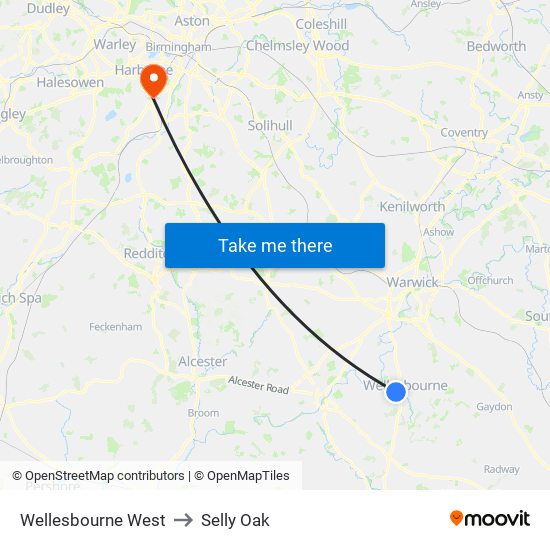 Wellesbourne West to Selly Oak map