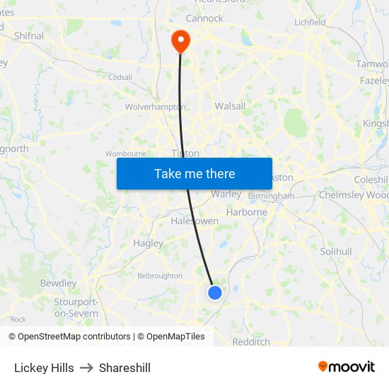 Lickey Hills to Shareshill map