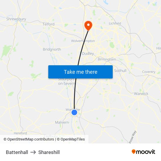 Battenhall to Shareshill map