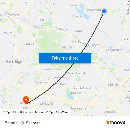 Bagots to Shareshill map