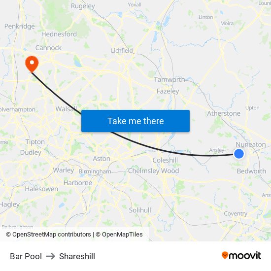 Bar Pool to Shareshill map